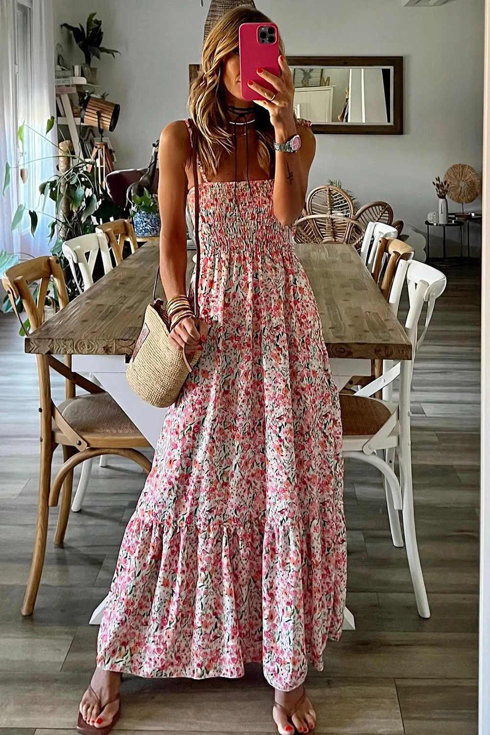 KaleaBoutique Boho Floral Smocked Ruffled Maxi Dress