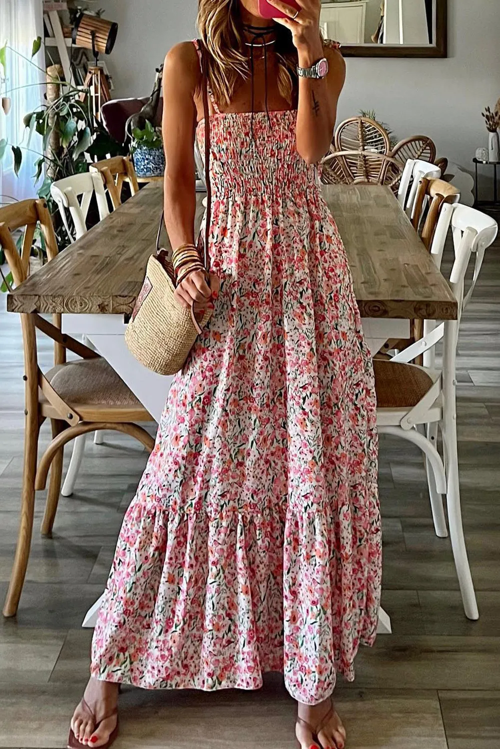 KaleaBoutique Boho Floral Smocked Ruffled Maxi Dress