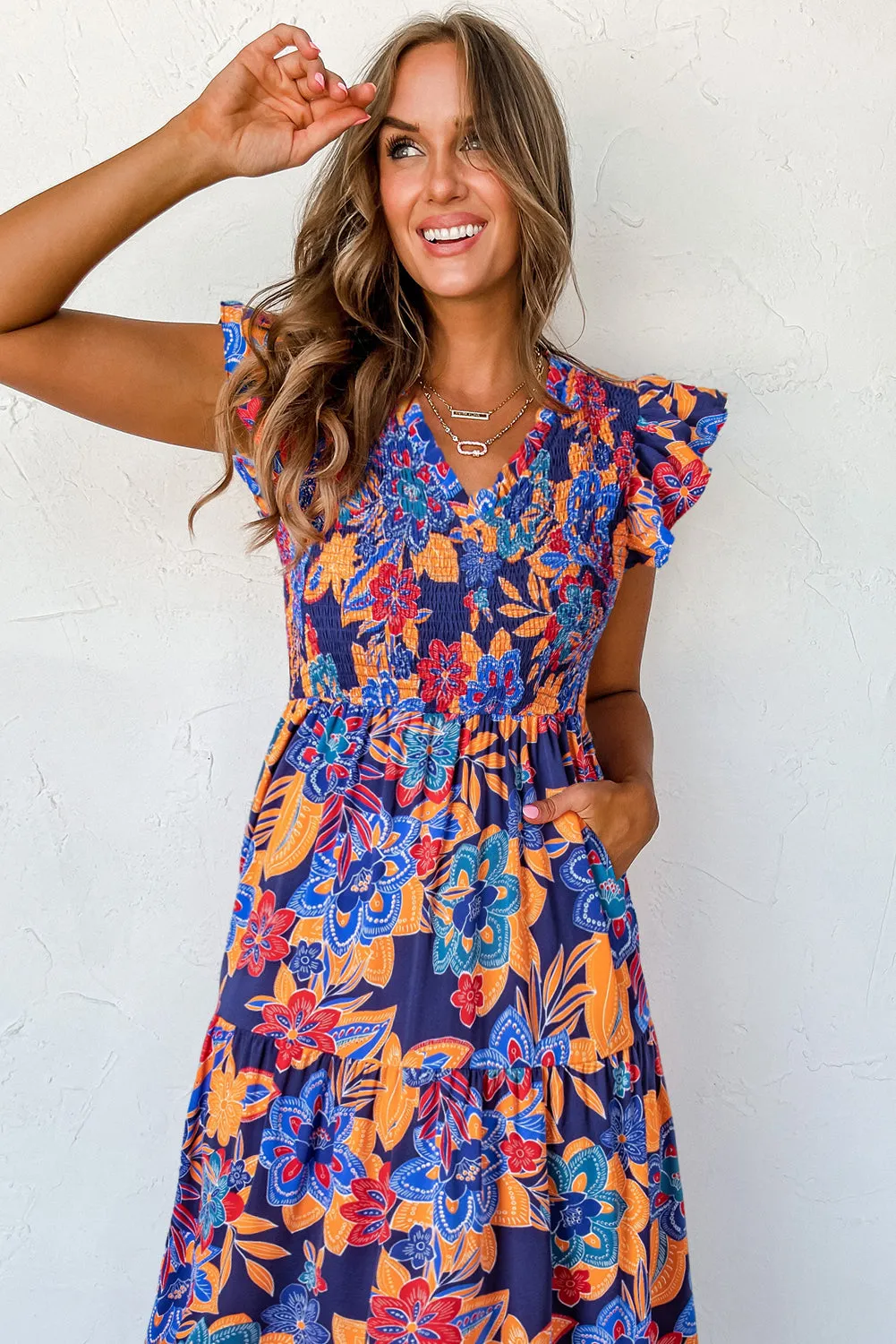 KaleaBoutique Boho Floral V Neck Ruffle Tiered Long Dress