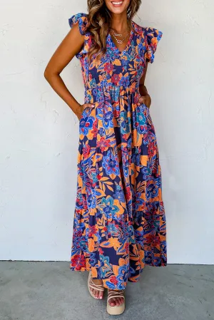 KaleaBoutique Boho Floral V Neck Ruffle Tiered Long Dress
