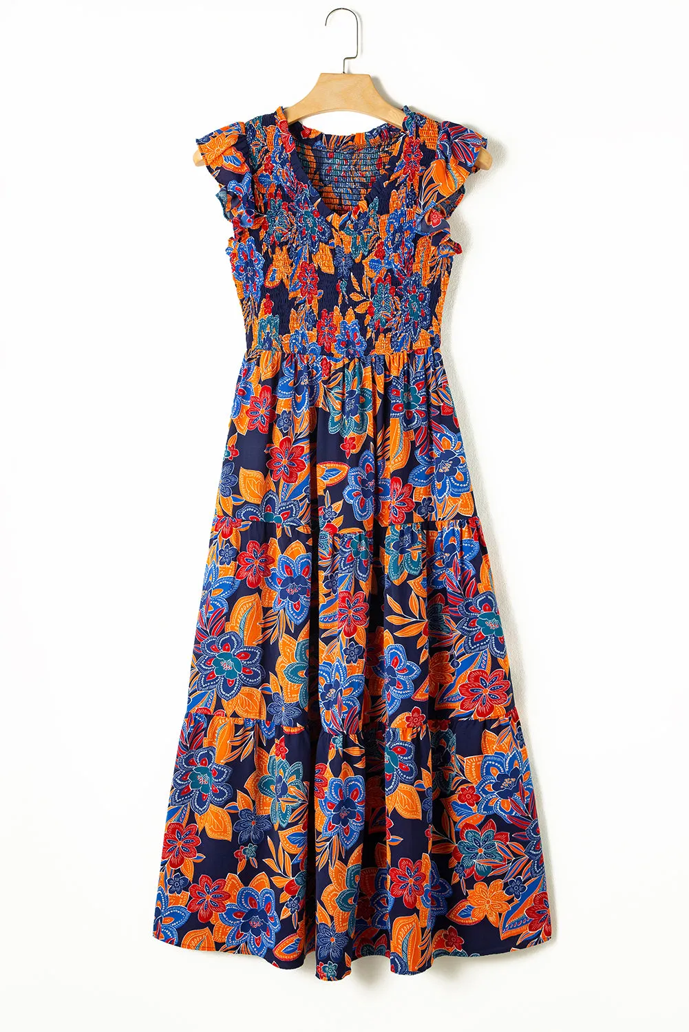 KaleaBoutique Boho Floral V Neck Ruffle Tiered Long Dress