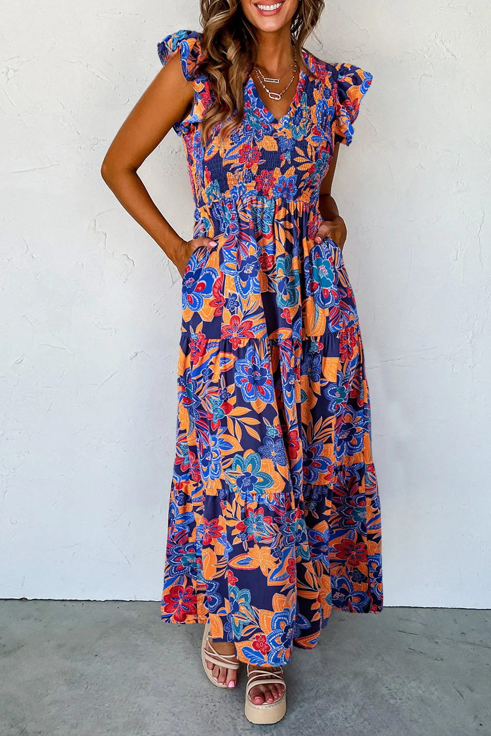 KaleaBoutique Boho Floral V Neck Ruffle Tiered Long Dress