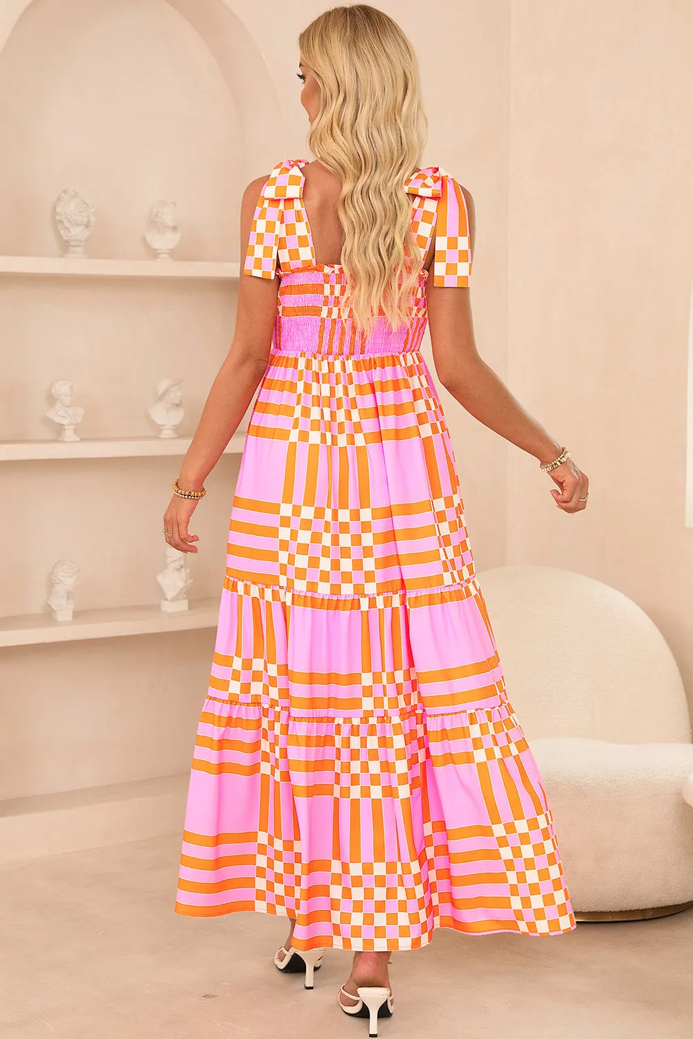 KaleaBoutique Boho Gingham Tied Straps Smocked Maxi Dress