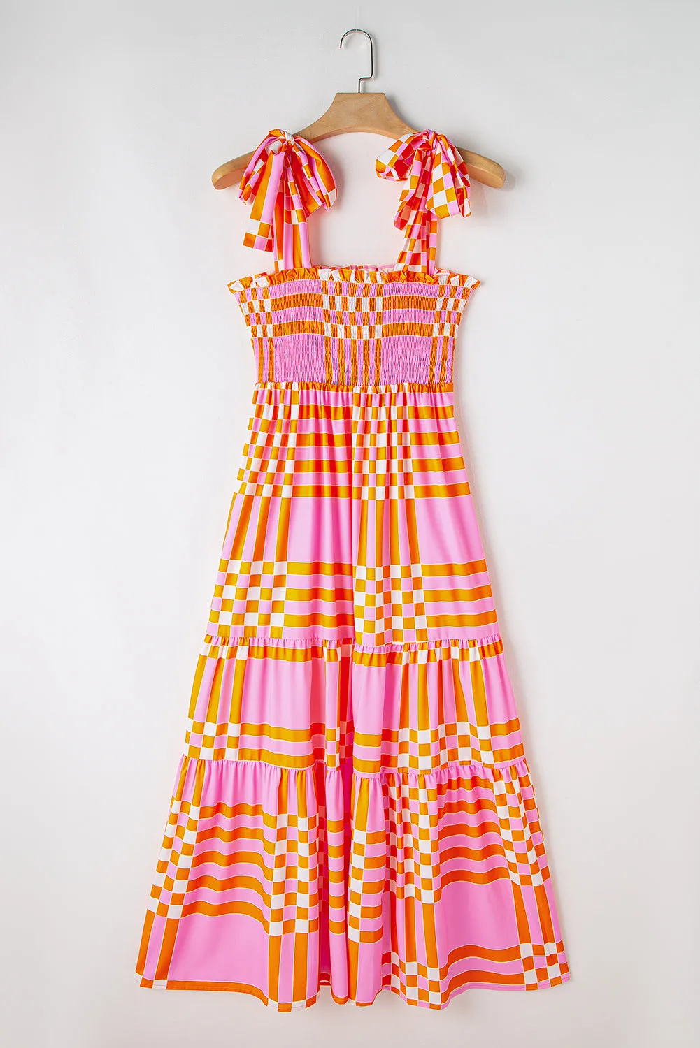 KaleaBoutique Boho Gingham Tied Straps Smocked Maxi Dress