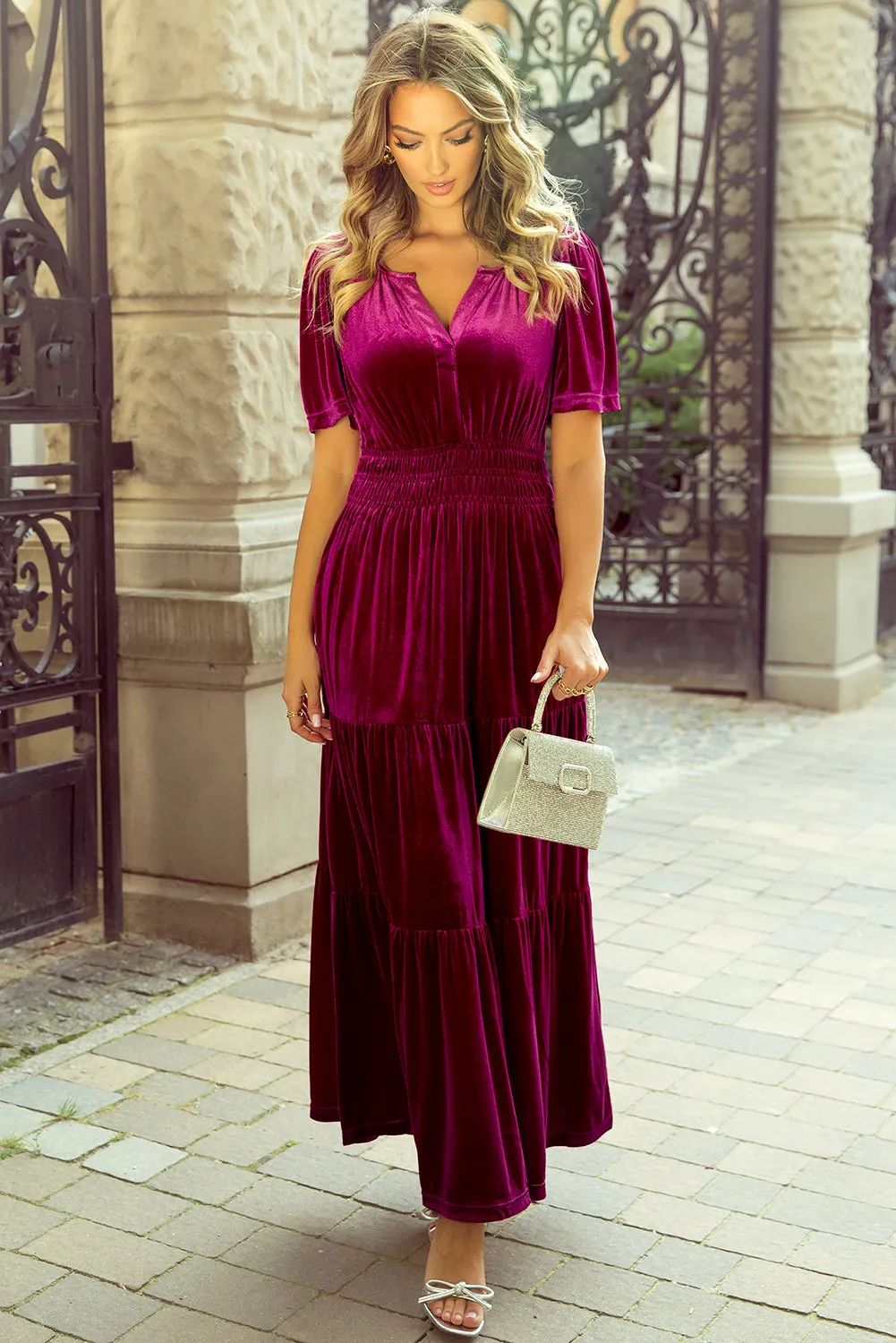 KaleaBoutique Velvet Short Sleeve Shirred Waist Tiered Maxi Dress