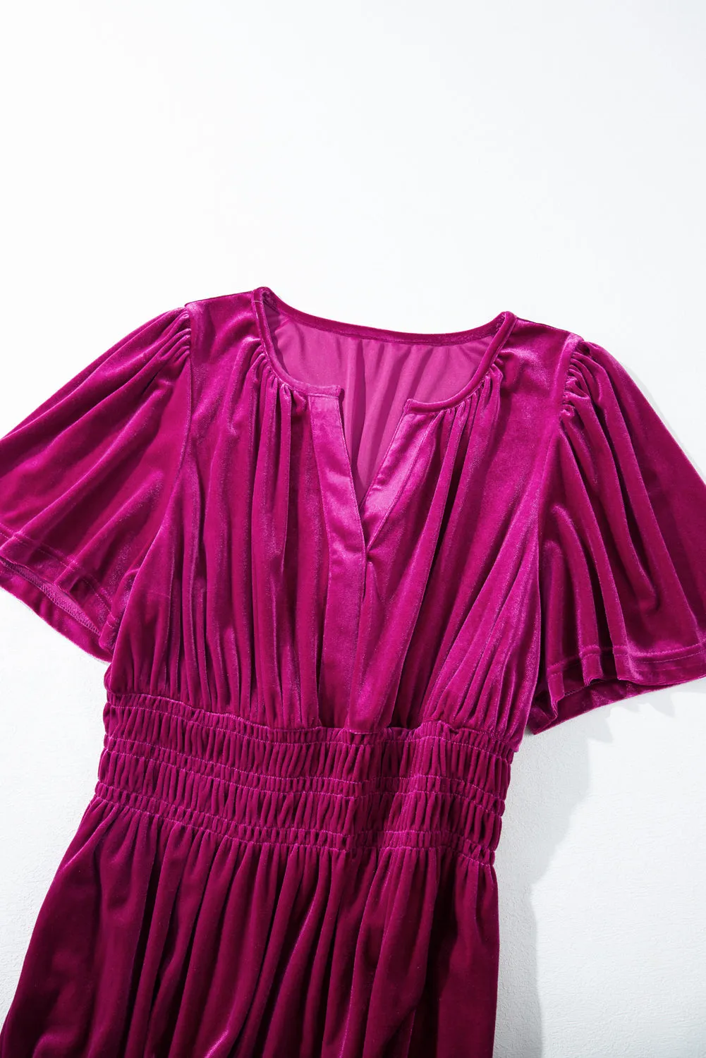 KaleaBoutique Velvet Short Sleeve Shirred Waist Tiered Maxi Dress