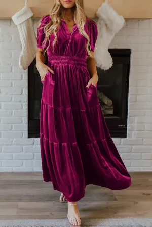 KaleaBoutique Velvet Short Sleeve Shirred Waist Tiered Maxi Dress