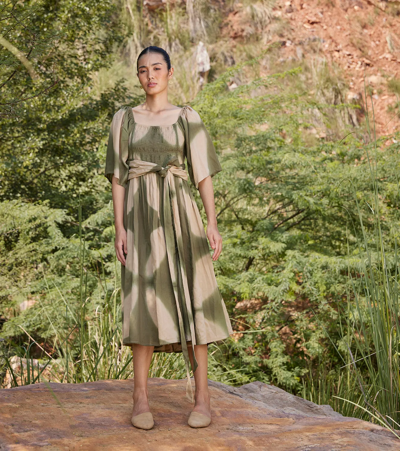 Khara Kapas Far Away Midi Dress 100% Cotton  Green and Off-white  KW672