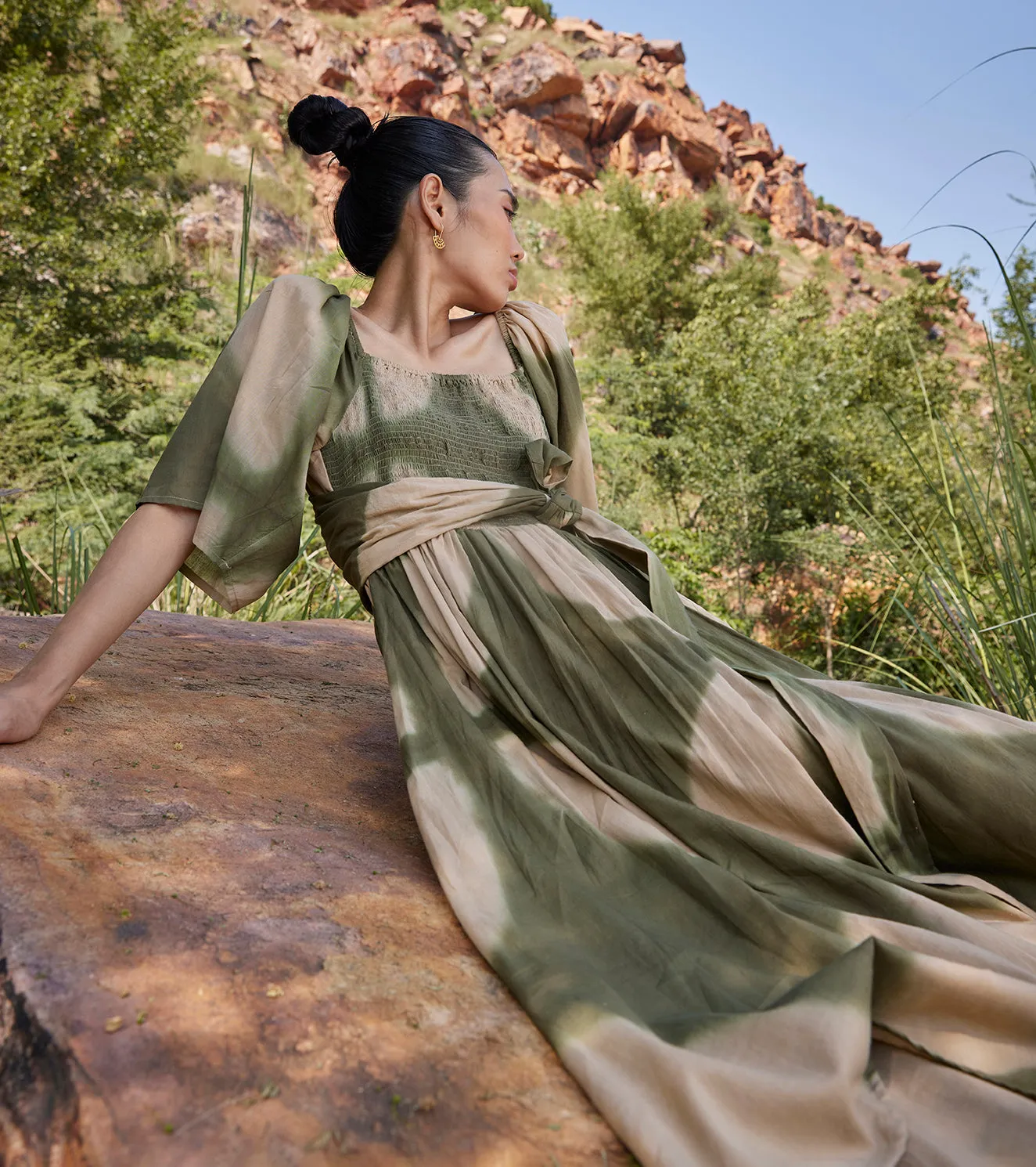 Khara Kapas Far Away Midi Dress 100% Cotton  Green and Off-white  KW672