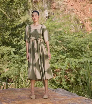 Khara Kapas Far Away Midi Dress 100% Cotton  Green and Off-white  KW672