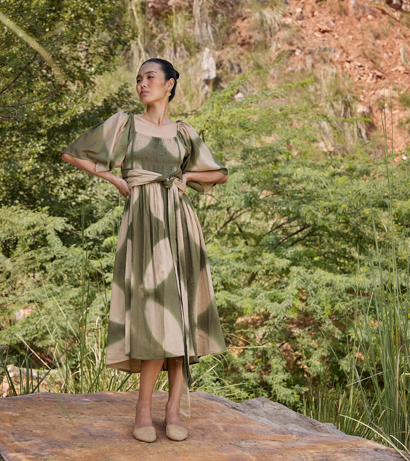 Khara Kapas Far Away Midi Dress 100% Cotton  Green and Off-white  KW672