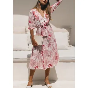 Khush Floral Tiered Midi Dress Size L White Red V-neck Boho Cottage Resort