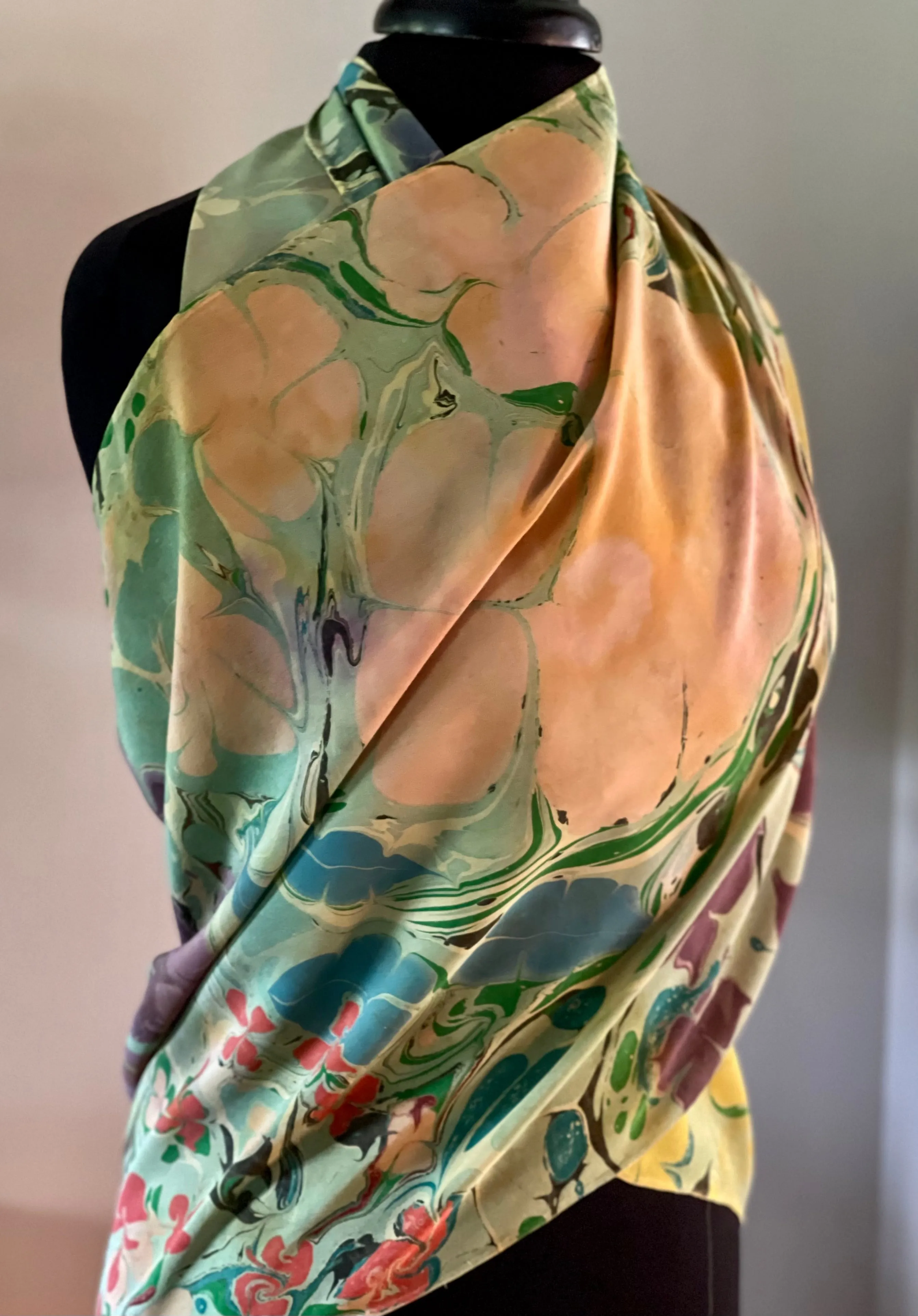 Klimt Flower Shawl Crepe de chine 72x22” bold fun. This beautiful silk makes.  a unique dresser cover and scarf