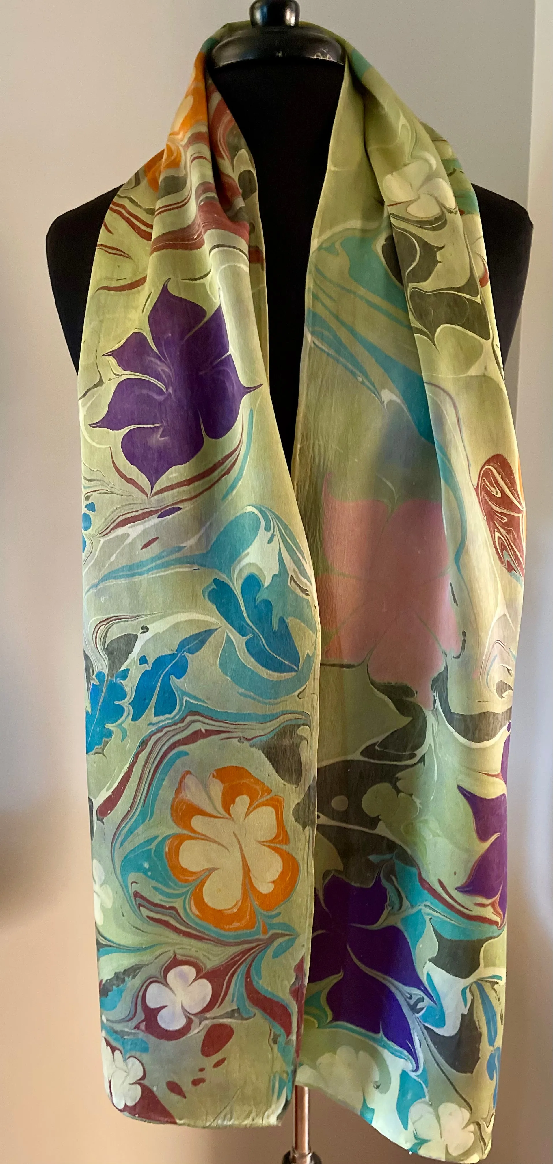 Klimt’s Flowers Multidyed Charmeuse Silk 72x14” bold fun. This beautiful silk makes a unique dresser cover and scarf