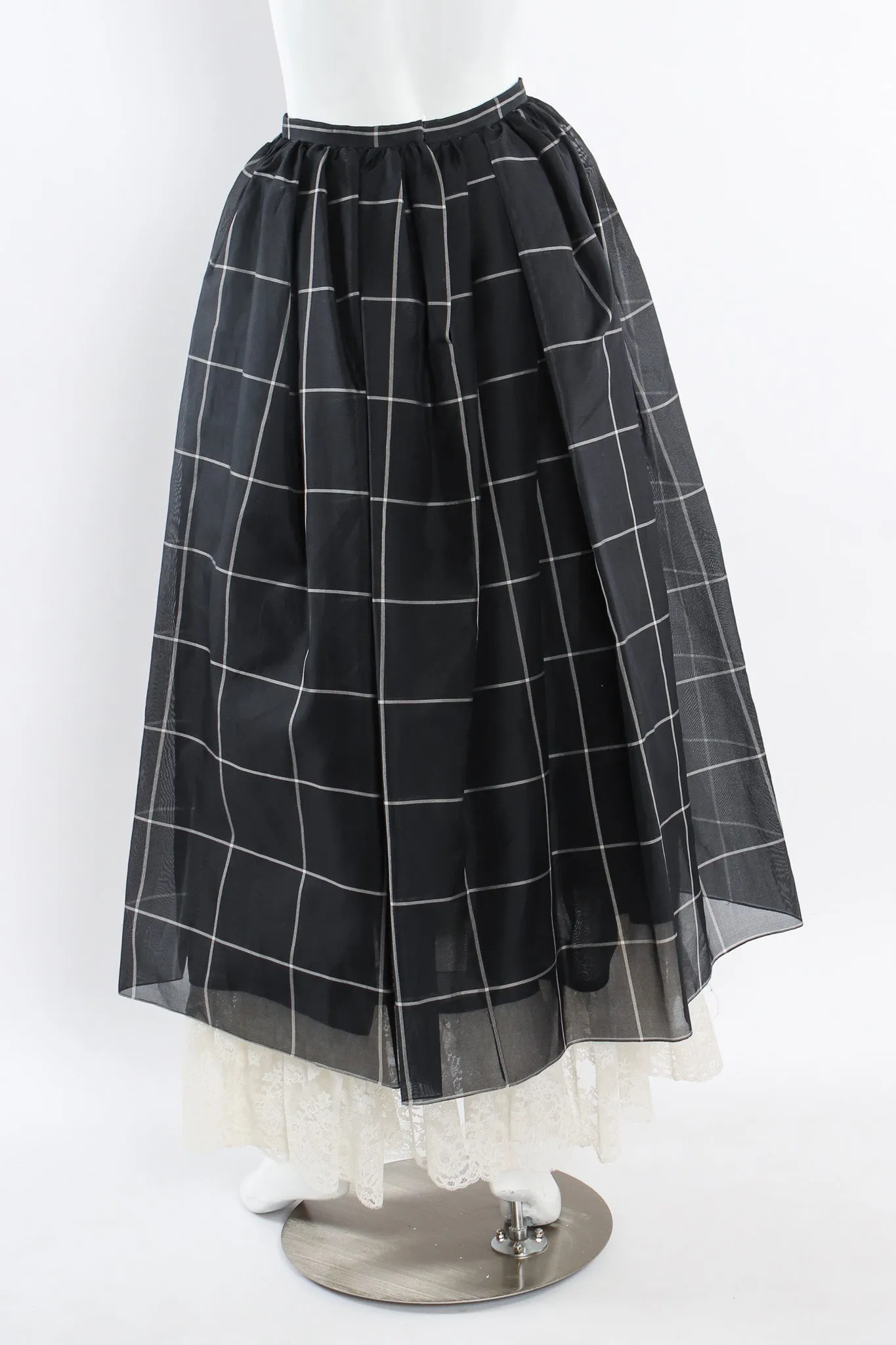 Lace Silk Blouse & Checker Skirt Set