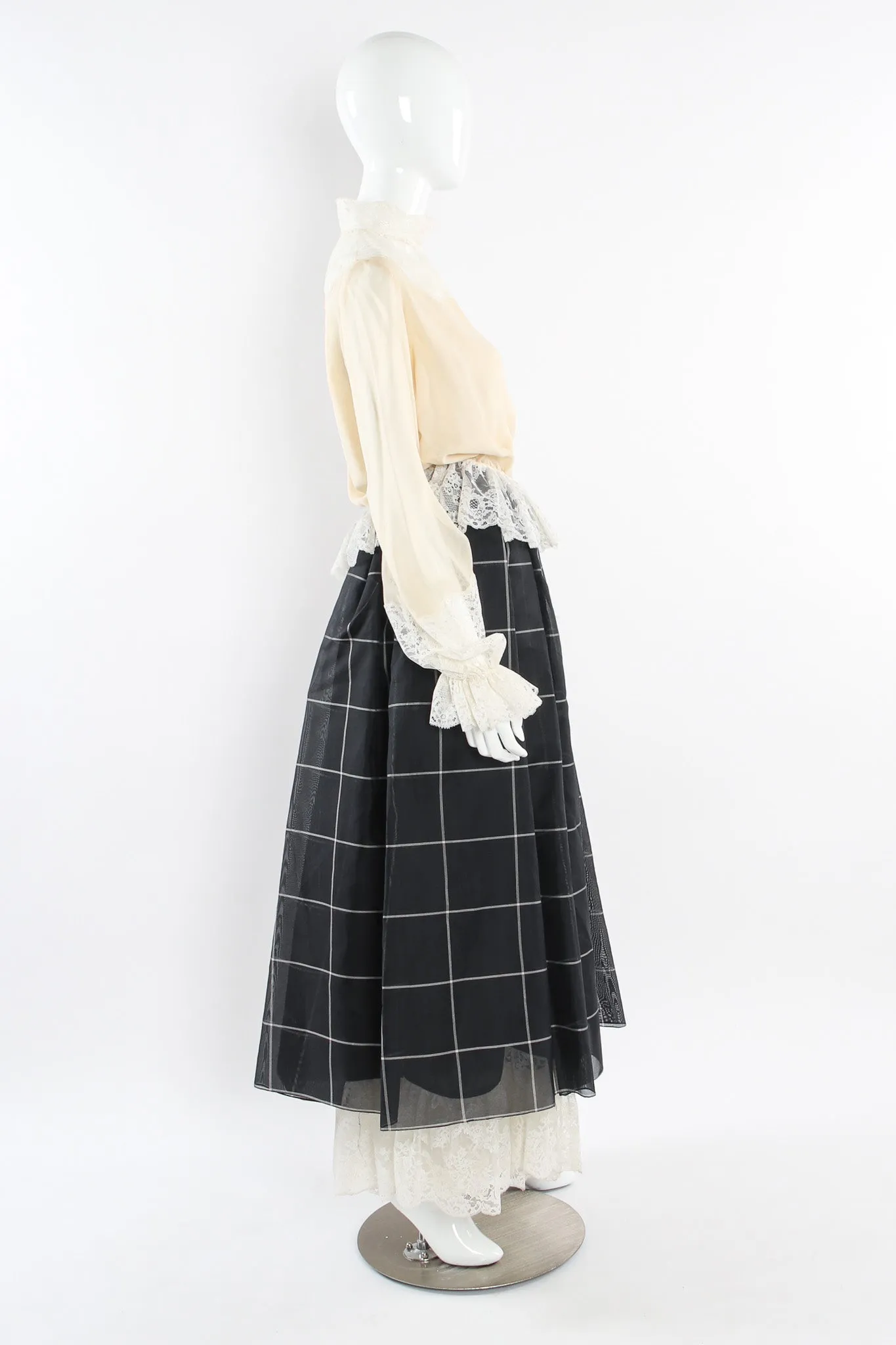 Lace Silk Blouse & Checker Skirt Set