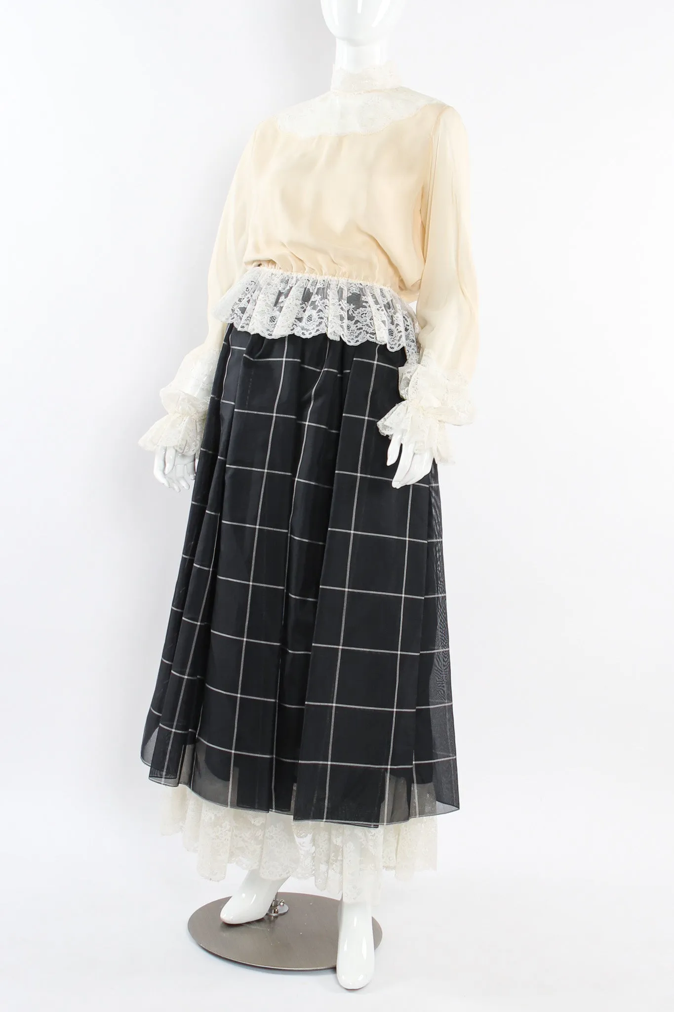 Lace Silk Blouse & Checker Skirt Set