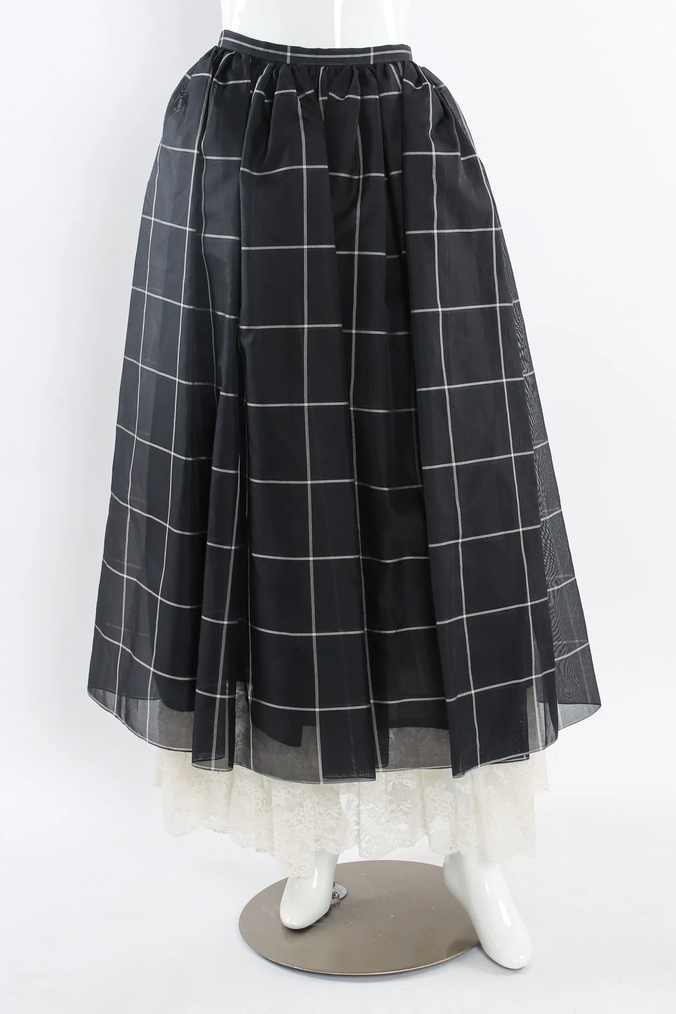 Lace Silk Blouse & Checker Skirt Set