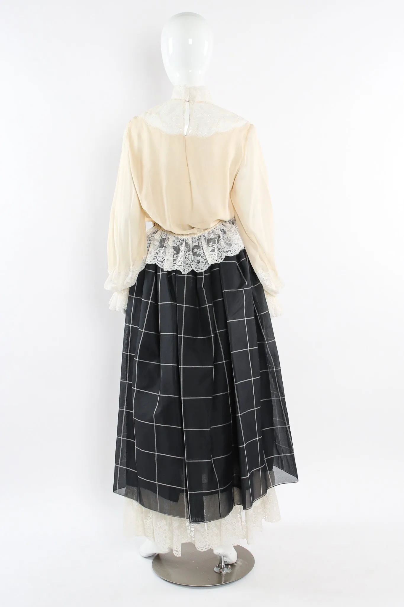 Lace Silk Blouse & Checker Skirt Set