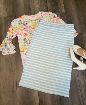 Ladies Blue Stripe Midi Skirts