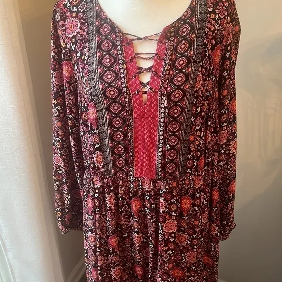 Lane Bryant Lace-Up Neck Boho Prairie Midi Dress plus size 14 floral pink NWT