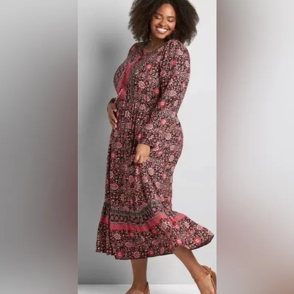 Lane Bryant Lace-Up Neck Boho Prairie Midi Dress plus size 14 floral pink NWT