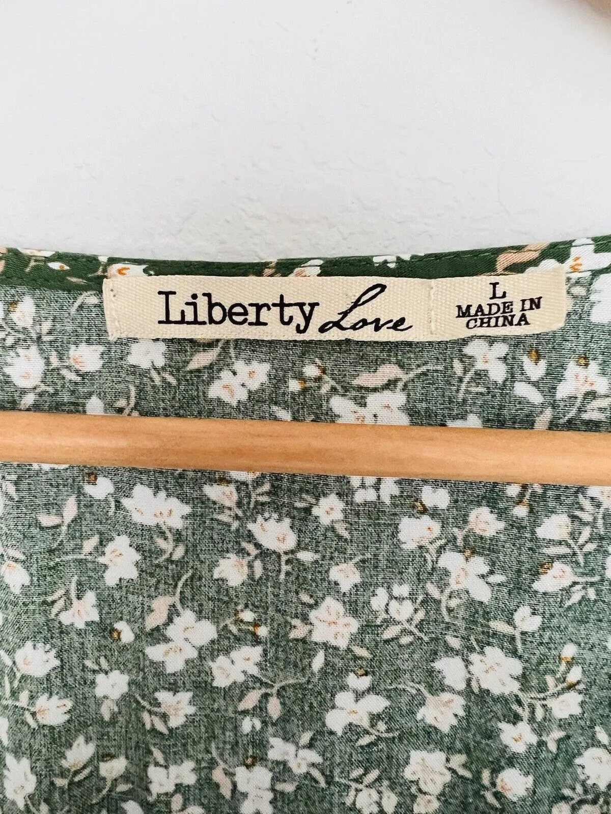 LIBERTY LOVE Green Smocked Dress Sz L Tiered Ditsy Flowers Balloon Sleeves Boho