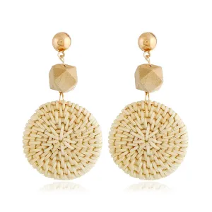 Light Wood & Rattan Round Drop Earrings