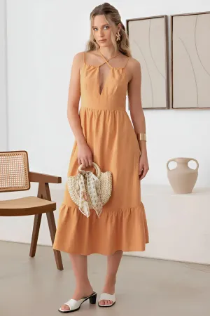 LINEN DOUBLE SPAGHETTI TIERED MIDI DRESS