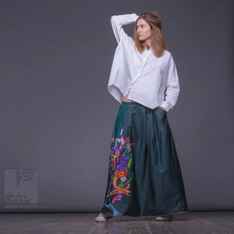 Long cotton skirt "Samurai Girl" model "Cosmic Emerald"