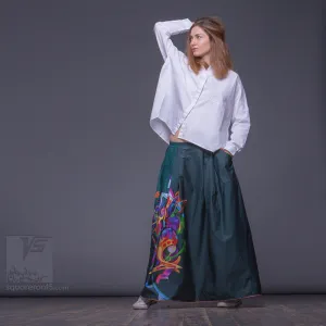 Long cotton skirt "Samurai Girl" model "Cosmic Emerald"