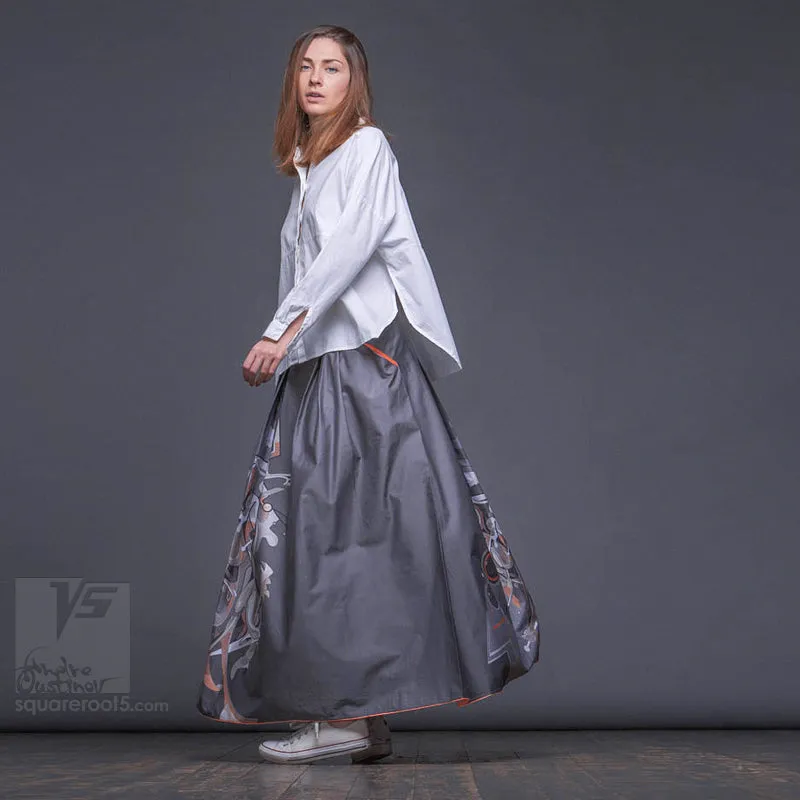 Long cotton skirt "Samurai Girl" model: "Cosmic Monochrome Grey"