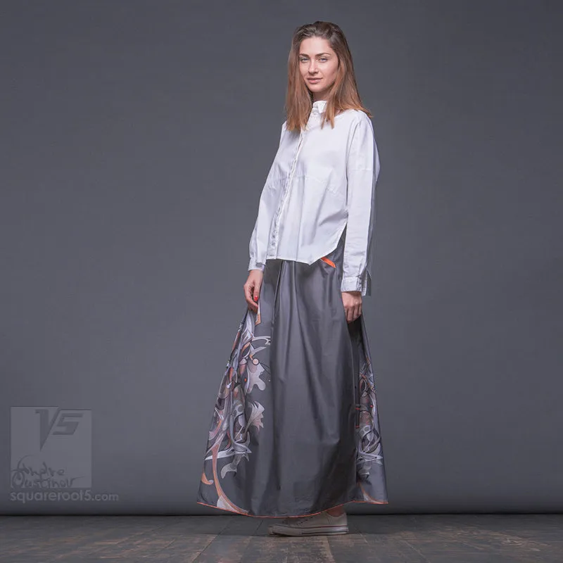Long cotton skirt "Samurai Girl" model: "Cosmic Monochrome Grey"
