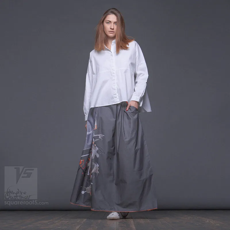 Long cotton skirt "Samurai Girl" model: "Cosmic Monochrome Grey"