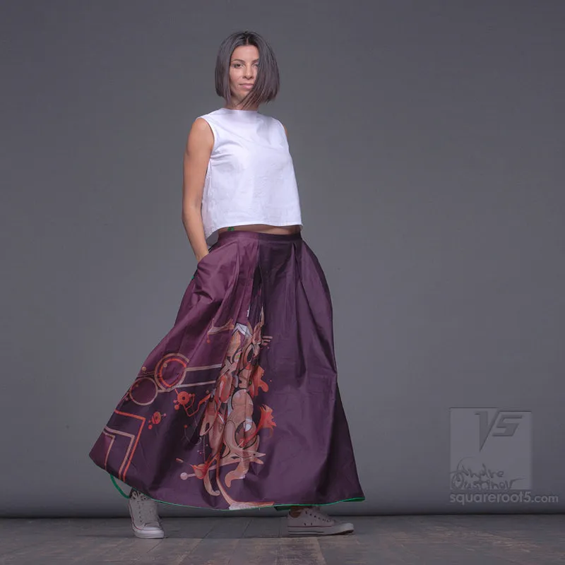 Long cotton skirt "Samurai Girl" model: "Cosmic Monochrome Purple"
