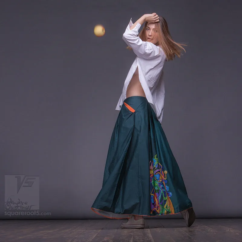 Long cotton skirt "Samurai Girl" model "Solar Emerald"