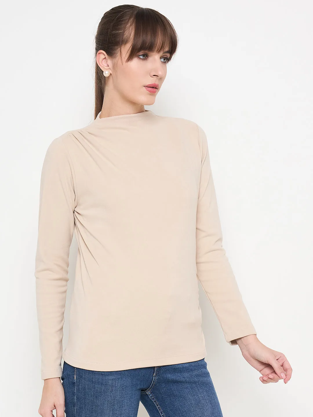 Madame Funnel Neck Full Sleeve Seam Detailed Solid Beige Knitted Top