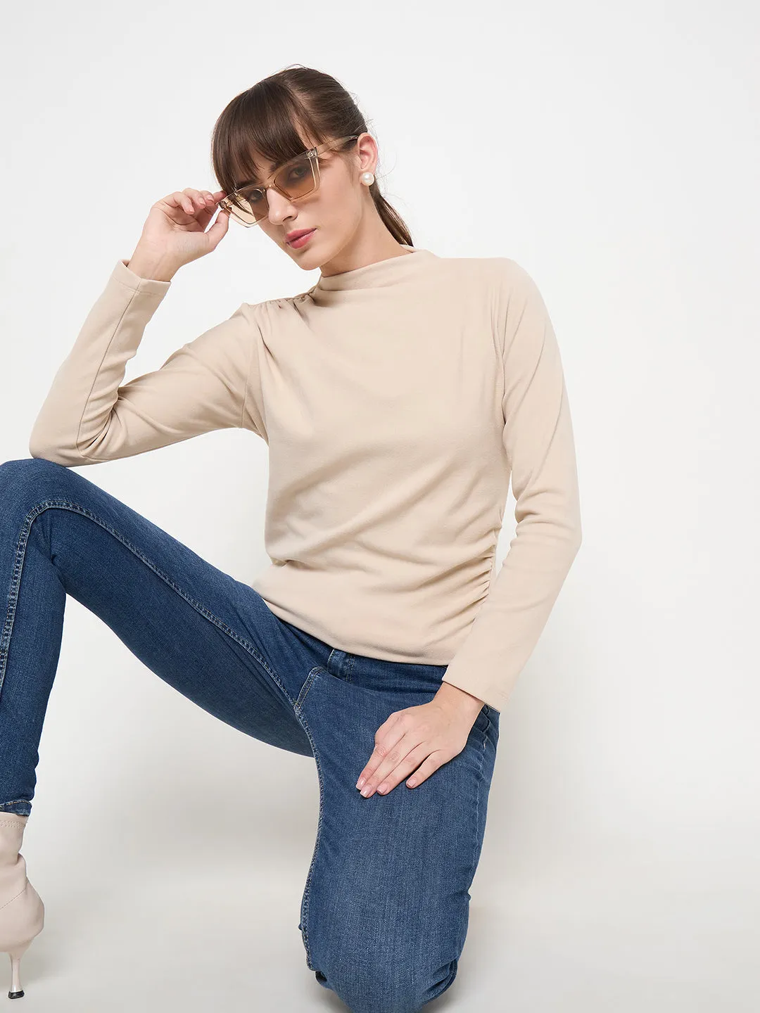 Madame Funnel Neck Full Sleeve Seam Detailed Solid Beige Knitted Top