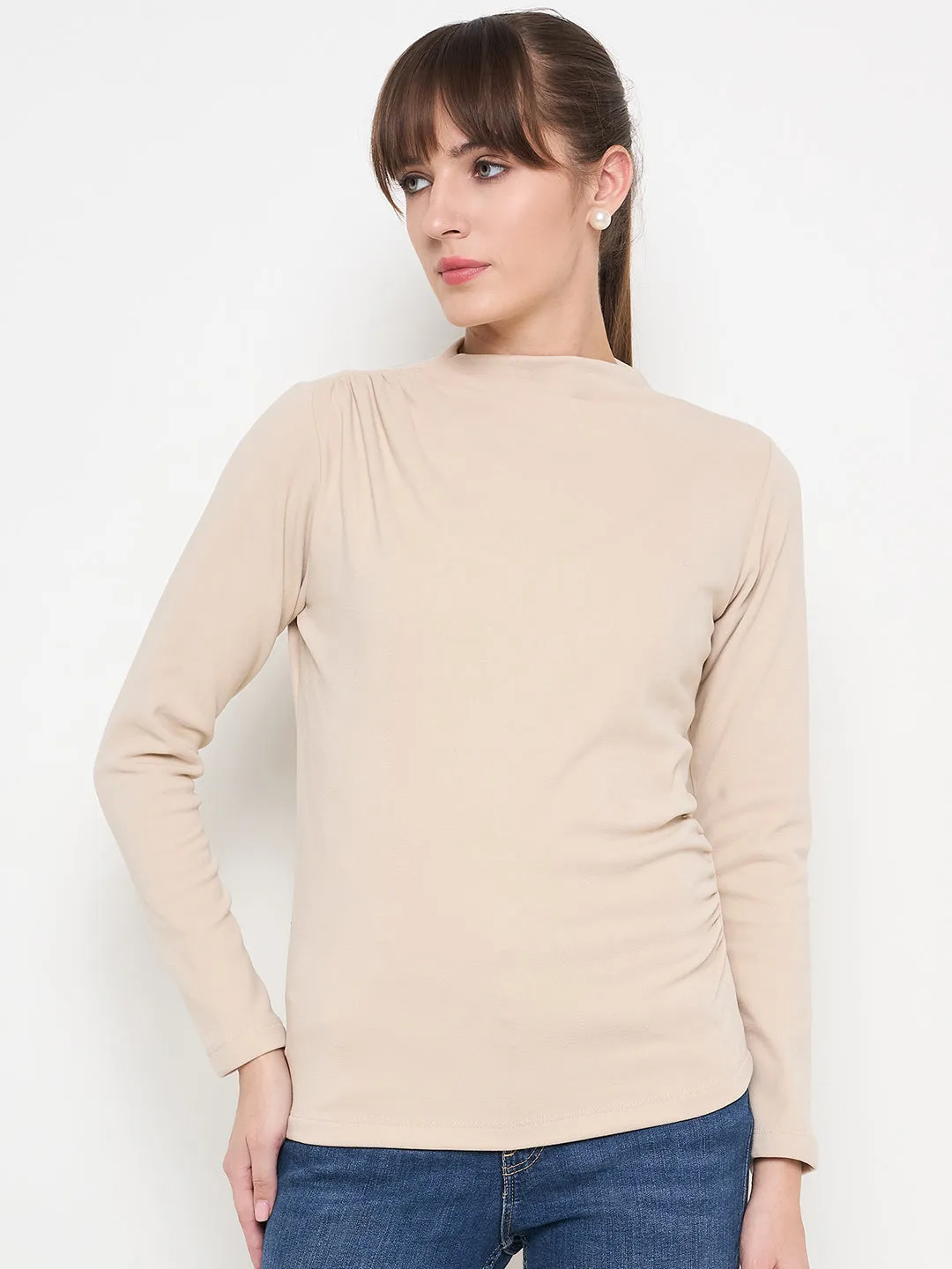 Madame Funnel Neck Full Sleeve Seam Detailed Solid Beige Knitted Top