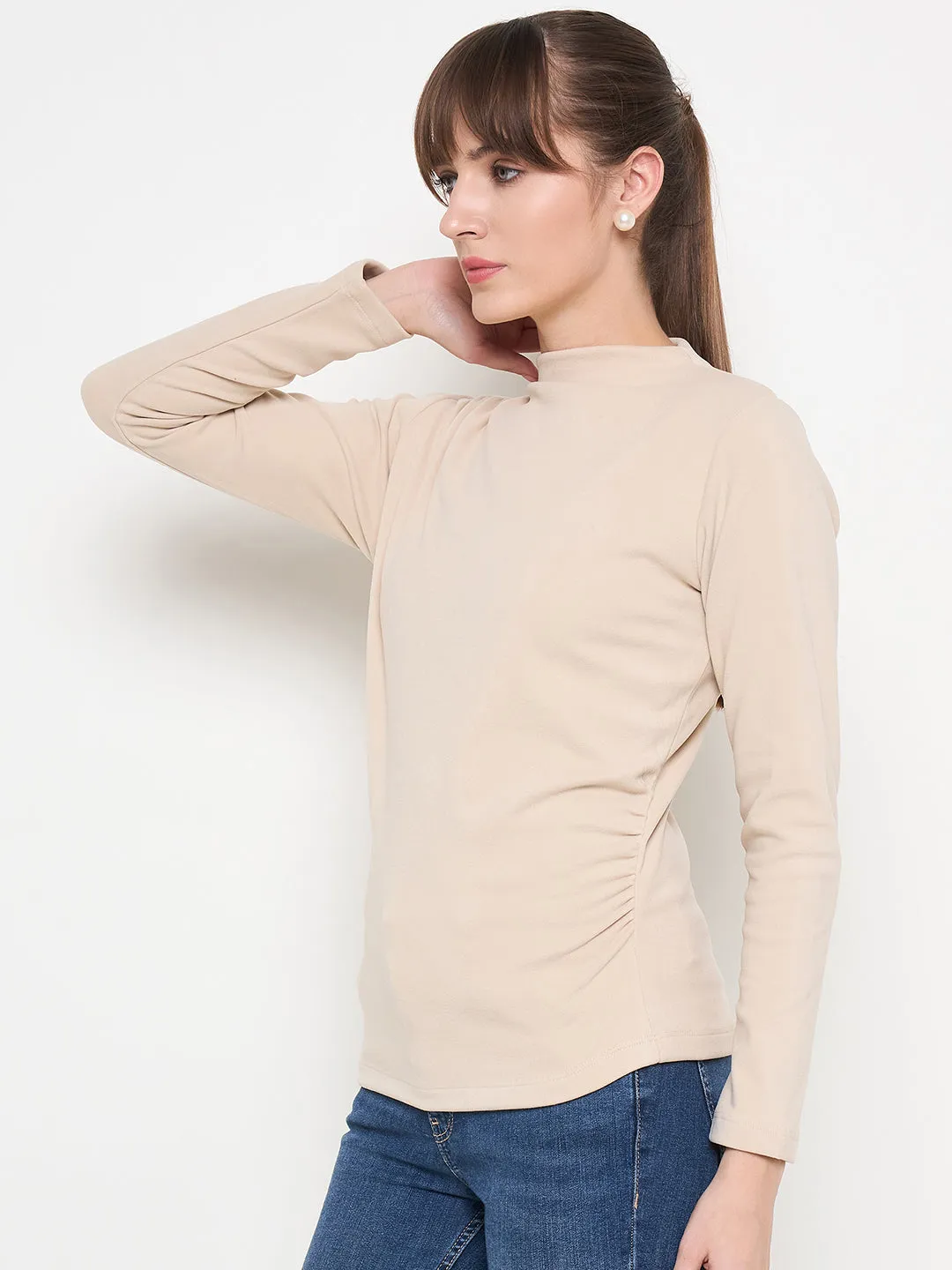 Madame Funnel Neck Full Sleeve Seam Detailed Solid Beige Knitted Top