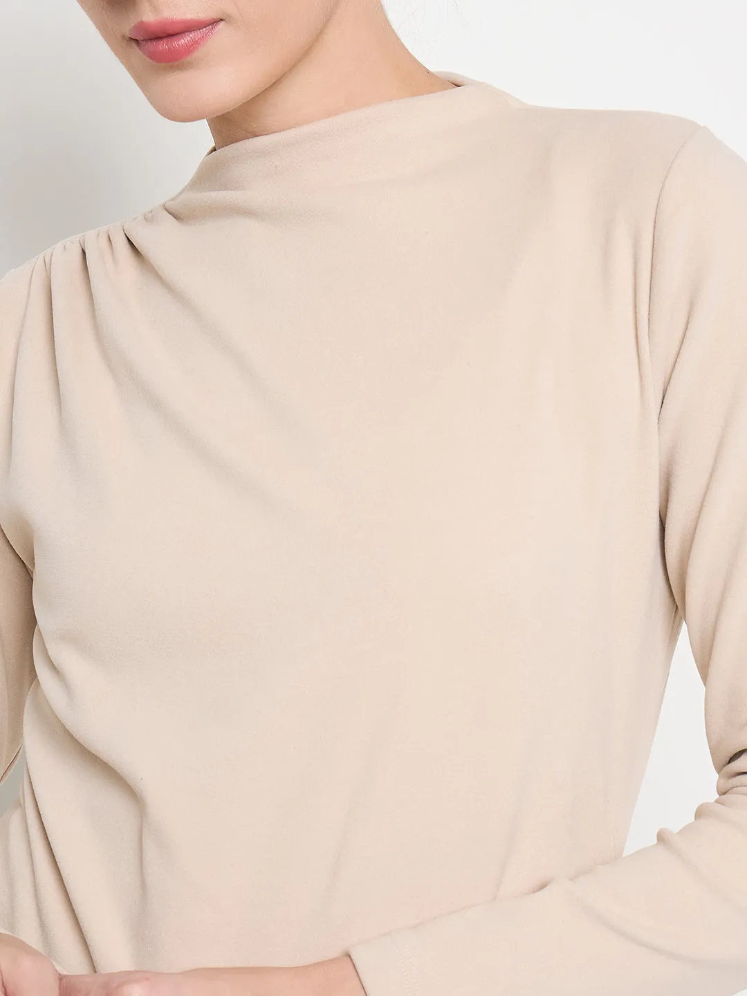 Madame Funnel Neck Full Sleeve Seam Detailed Solid Beige Knitted Top