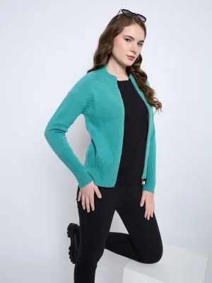 Madame Solid Sea Green Acrylic Zipped Sweater