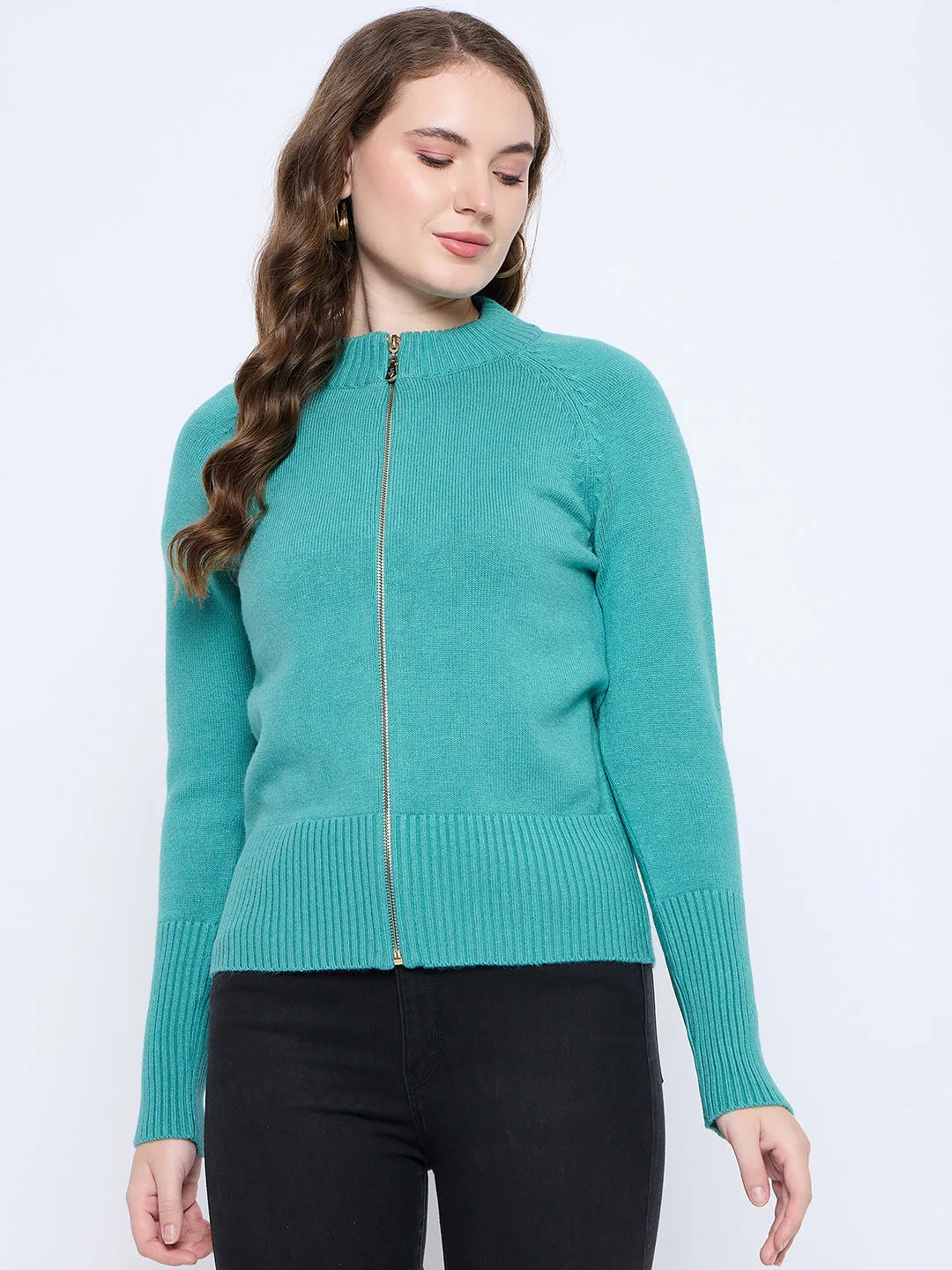 Madame Solid Sea Green Acrylic Zipped Sweater
