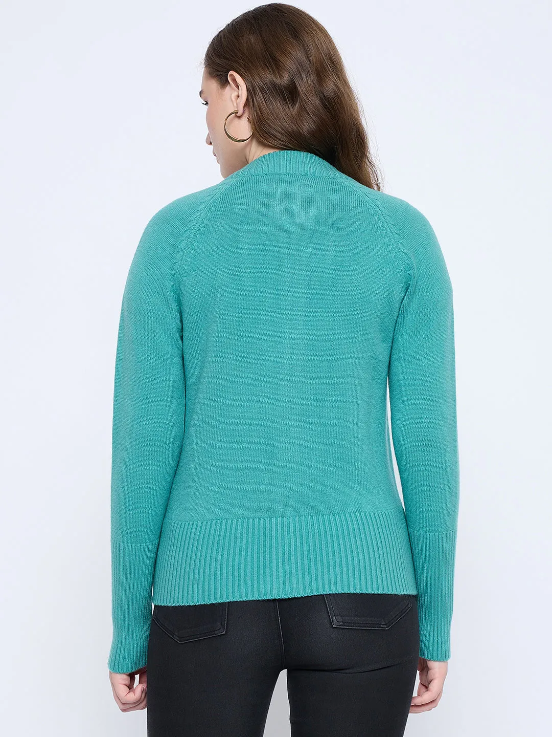 Madame Solid Sea Green Acrylic Zipped Sweater