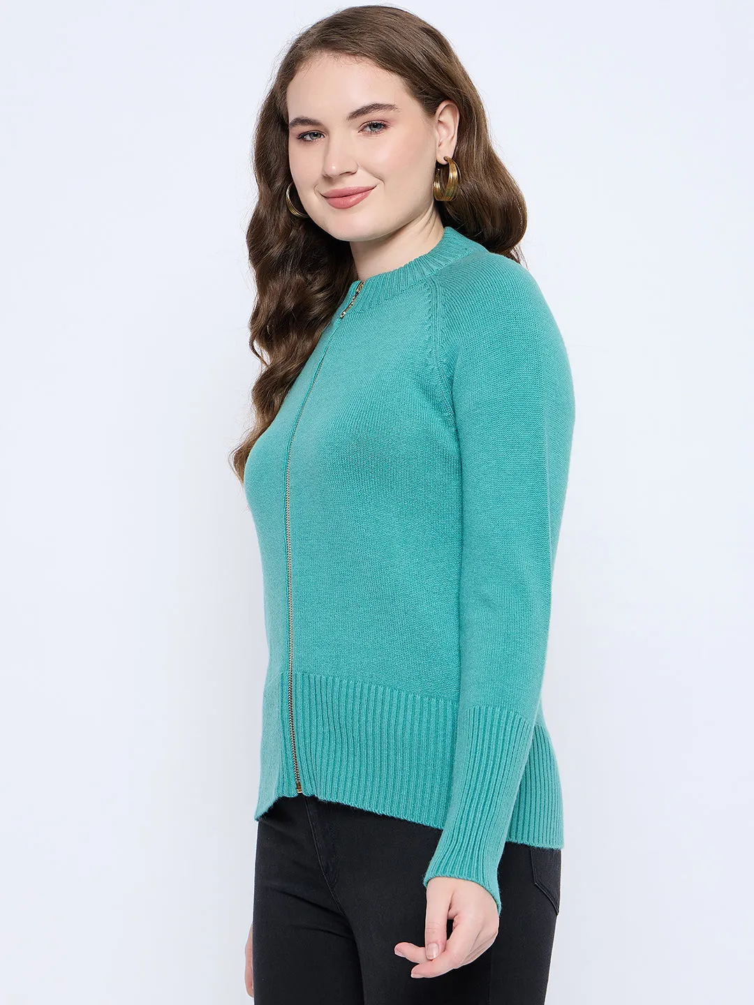 Madame Solid Sea Green Acrylic Zipped Sweater