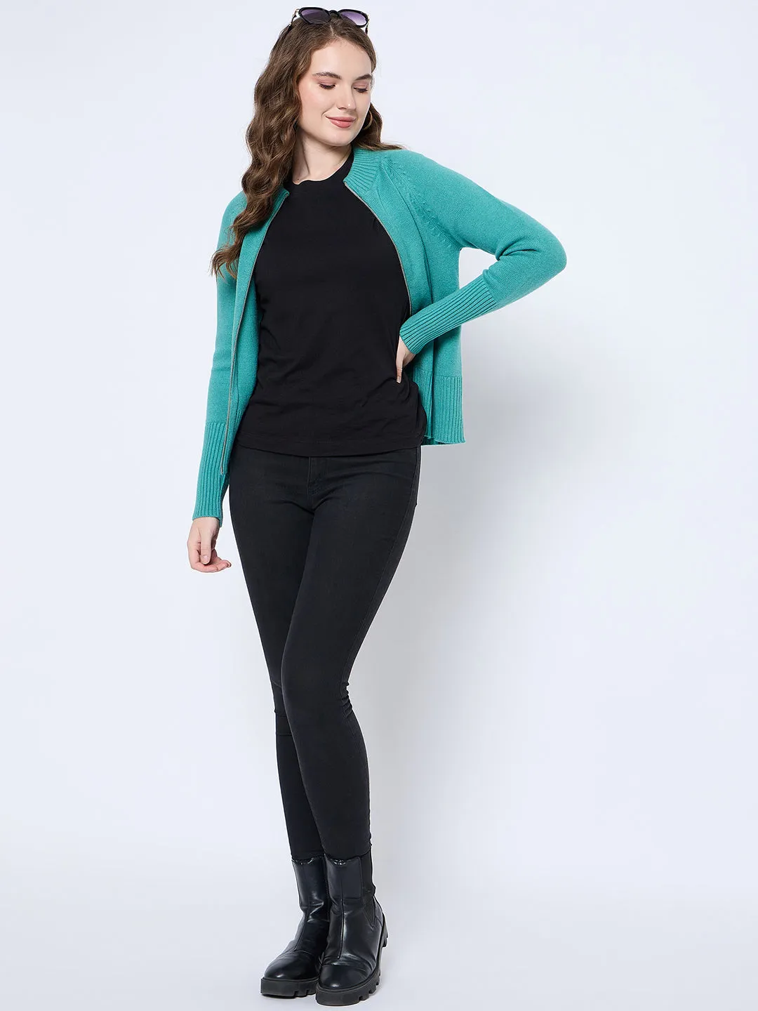 Madame Solid Sea Green Acrylic Zipped Sweater