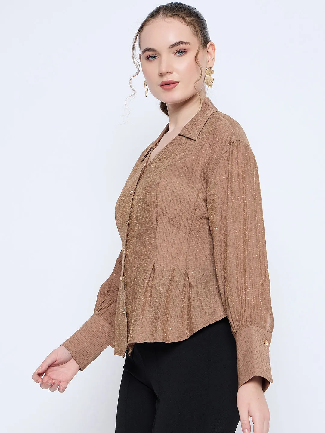 Madame Solid Tan Wing Neck Button Down Cuff Sleeve Shirt