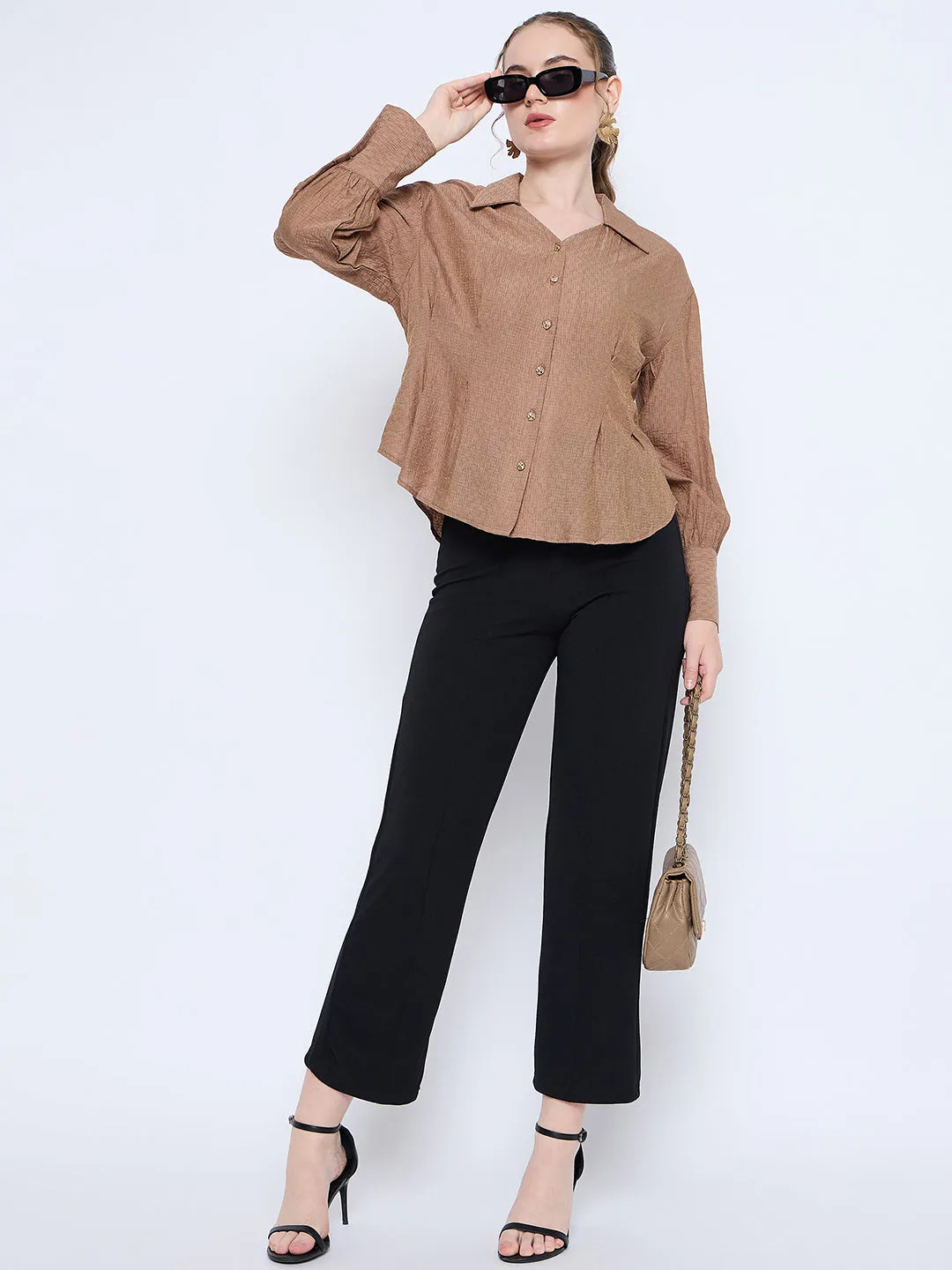 Madame Solid Tan Wing Neck Button Down Cuff Sleeve Shirt