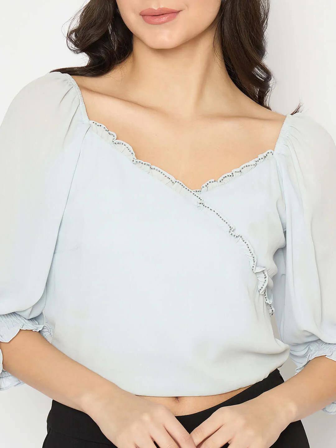 Madame Surplice Neck Blue Wrap Crop Top