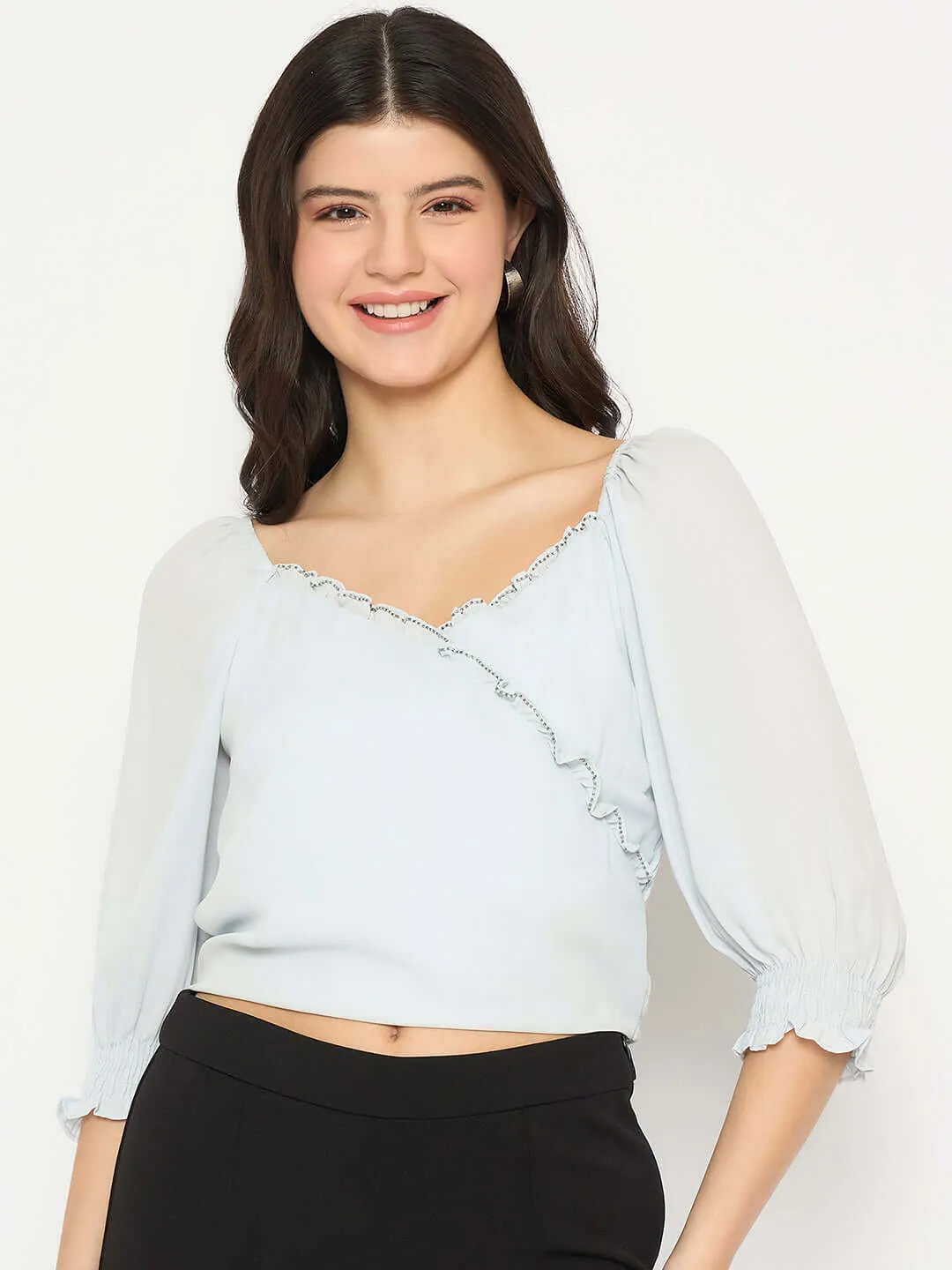 Madame Surplice Neck Blue Wrap Crop Top